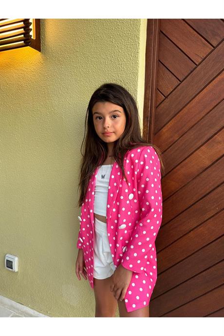 Kız Çocuk puantiye desen retro model ceket ve şort 2 li takım Pembe 8 Yaş