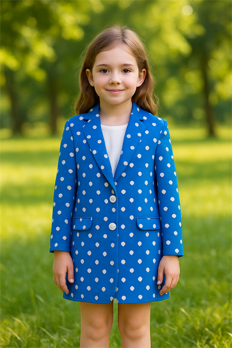 Kız Çocuk puantiye desen retro model ceket ve şort 2 li takım Mavi 4 Yaş