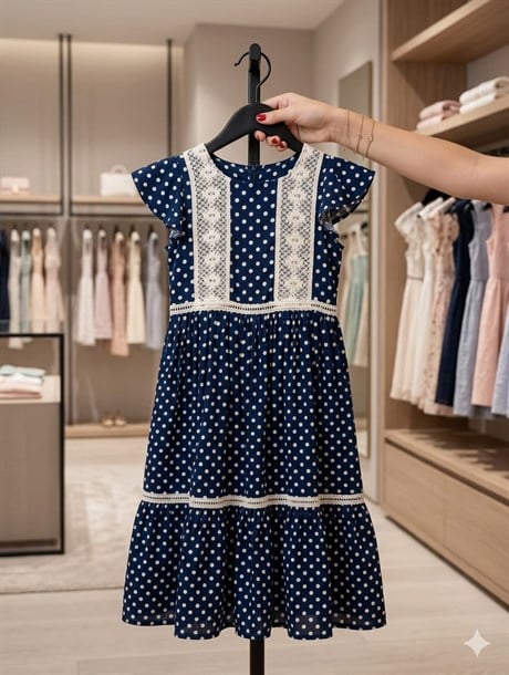 Kız Çocuk Puantiye Desenli Dantel Detaylı Maxi Boy Elbise