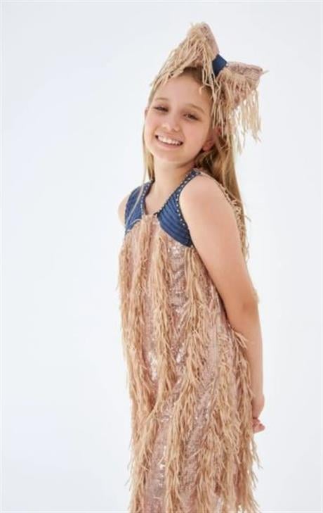 KIZ ÇOCUK PUL PAYET PÜSKÜLLÜ GÜNLÜK ABİYE ELBİSE Bej 4 Yaş