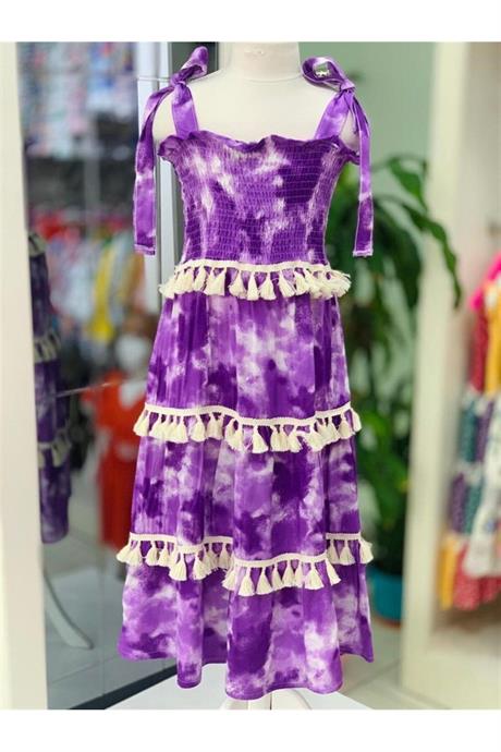 Kız Çocuk Püsküllü Gipeli Pamuk Viskon Uzun Elbise MOR 4 Yaş