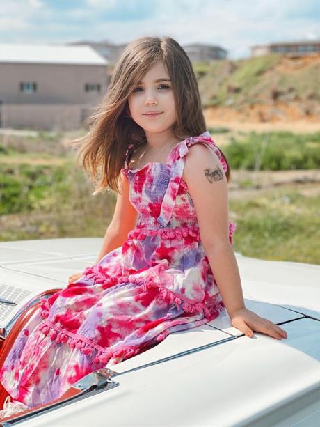 Kız Çocuk Püsküllü Gipeli Pamuk Viskon Uzun Elbise PEMBE 12 Yaş