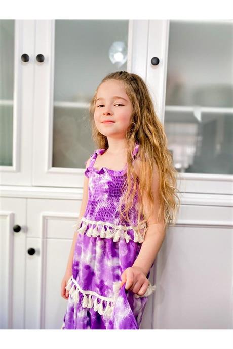 Kız Çocuk Püsküllü Gipeli Pamuk Viskon Uzun Elbise MOR 4 Yaş