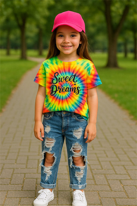 Kız Çocuk Rengarenk Bluz Yırtık Kot Kapri Neon Şapka Üçlü Takım NEON PEMBE 10 Yaş