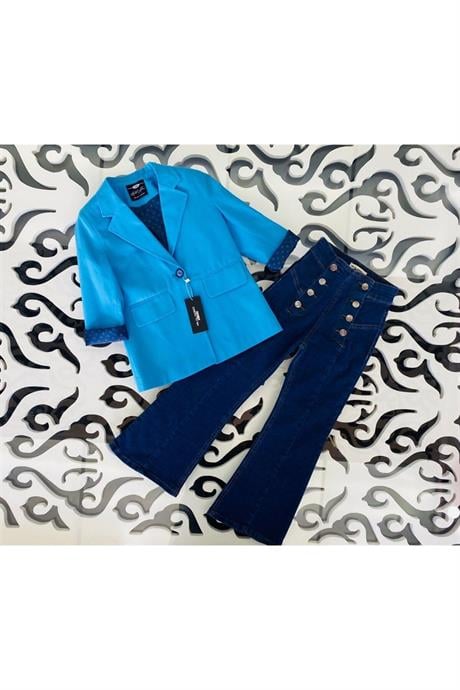 Kız Çocuk Renkli Blazer Ceket Mavi 12 Yaş