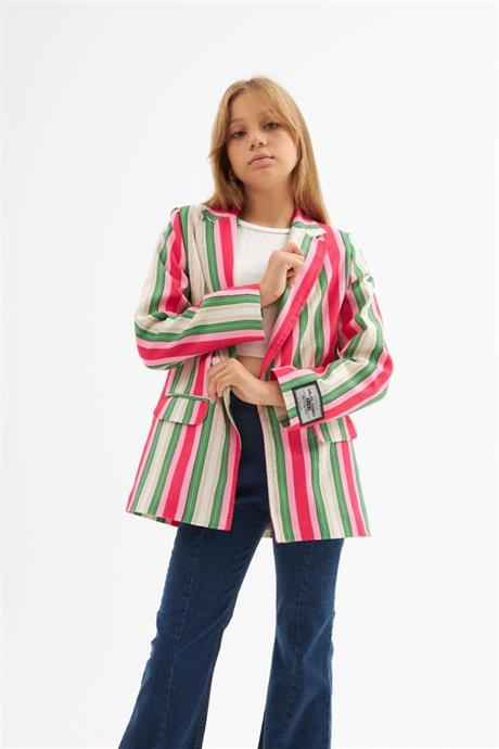 Kız Çocuk Renkli Çizgili Logo Detaylı Blazer Ceket Düğmeli İspanyol Paça Pantolon 2'li Takım Pembe 10 Yaş