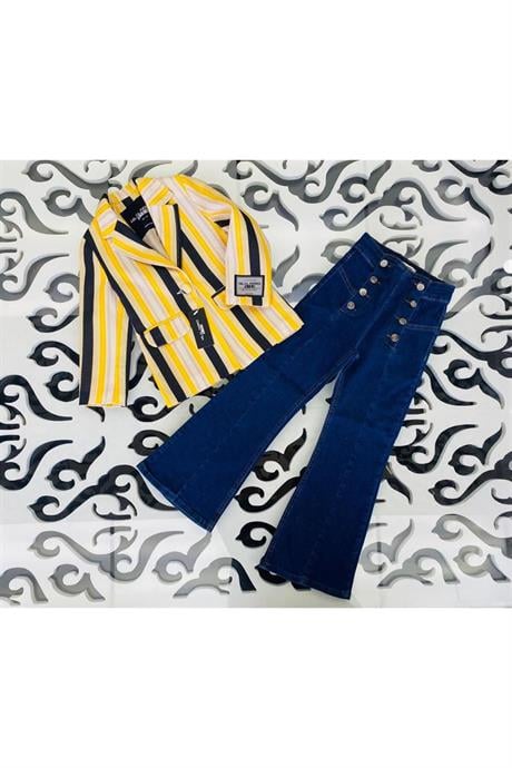 Kız Çocuk Renkli Çizgili Logo Detaylı Blazer Ceket Düğmeli İspanyol Paça Pantolon 2'li Takım Sarı 10 Yaş