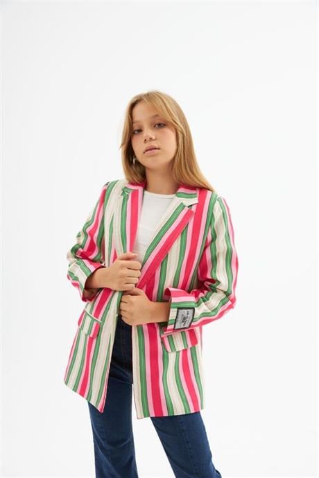 Kız Çocuk Renkli Çizgili Logo Detaylı Blazer Ceket Düğmeli İspanyol Paça Pantolon 2'li Takım Pembe 10 Yaş