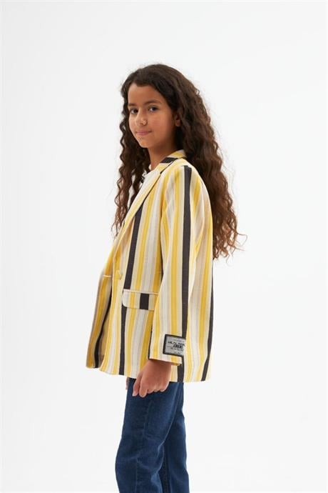 Kız Çocuk Renkli Çizgili Logo Detaylı Blazer Ceket Düğmeli İspanyol Paça Pantolon 2'li Takım Sarı 10 Yaş