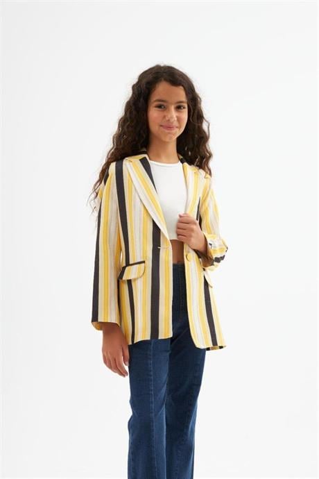 Kız Çocuk Renkli Çizgili Logo Detaylı Blazer Ceket Düğmeli İspanyol Paça Pantolon 2'li Takım Sarı 10 Yaş