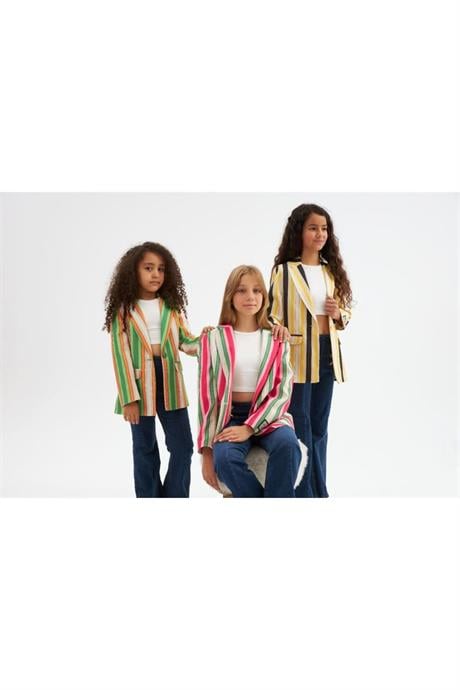 Kız Çocuk Renkli Çizgili Logo Detaylı Blazer Ceket Düğmeli İspanyol Paça Pantolon 2'li Takım Sarı 6 Yaş