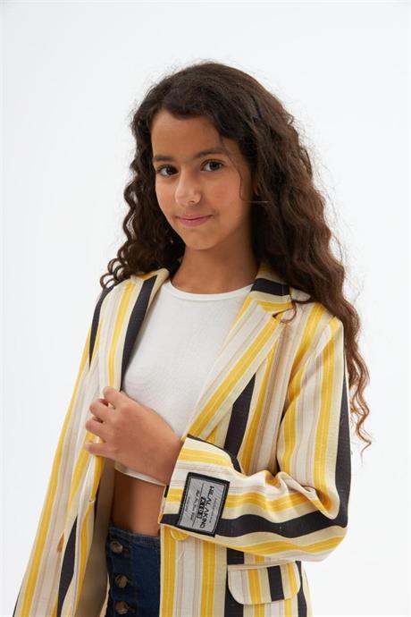 Kız Çocuk Renkli Çizgili Logo Detaylı Blazer Ceket Düğmeli İspanyol Paça Pantolon 2'li Takım Sarı 6 Yaş