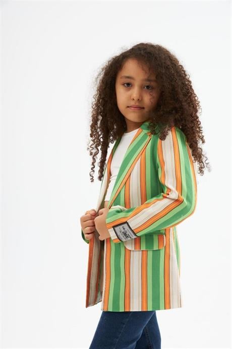 Kız Çocuk Renkli Çizgili Logo Detaylı Blazer Ceket Düğmeli İspanyol Paça Pantolon 2'li Takım Yeşil 8 Yaş