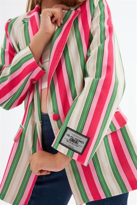 Kız Çocuk Renkli Çizgili Logo Detaylı Blazer Ceket Düğmeli İspanyol Paça Pantolon 2'li Takım Pembe 10 Yaş