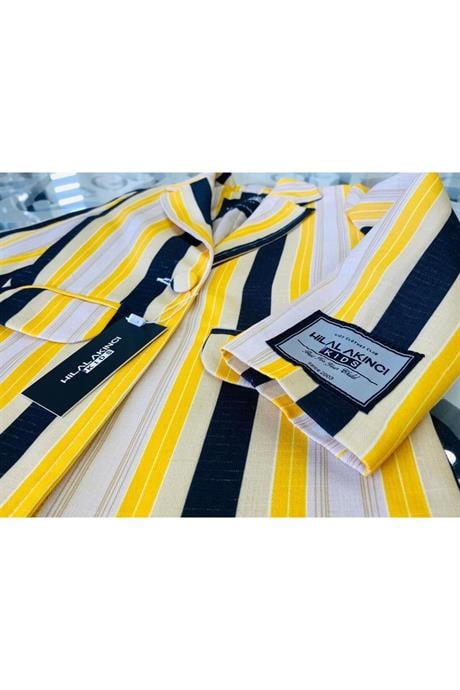 Kız Çocuk Renkli Çizgili Logo Detaylı Blazer Ceket Düğmeli İspanyol Paça Pantolon 2'li Takım Sarı 10 Yaş