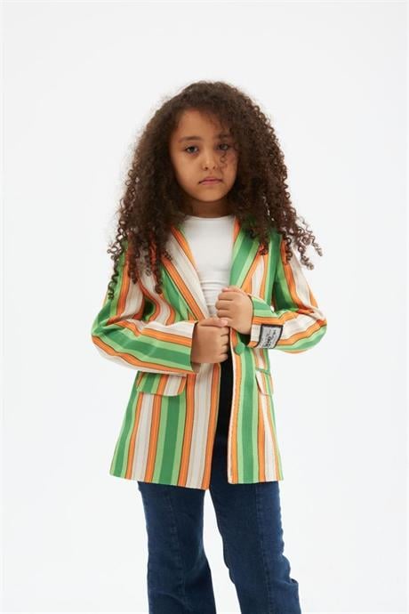 Kız Çocuk Renkli Çizgili Logo Detaylı Blazer Ceket Düğmeli İspanyol Paça Pantolon 2'li Takım Yeşil 10 Yaş
