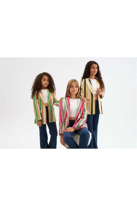 Kız Çocuk Renkli Çizgili Logo Detaylı Blazer Ceket Düğmeli İspanyol Paça Pantolon 2'li Takım Yeşil 4 Yaş