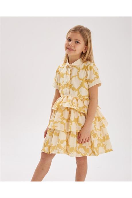 Kız Çocuk Renkli Kat Kat Pamuk Keten Elbise Sarı 2-4 Yaş