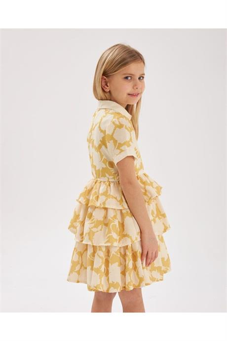 Kız Çocuk Renkli Kat Kat Pamuk Keten Elbise Sarı 6 Yaş