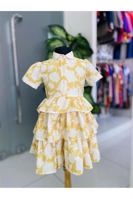 Kız Çocuk Renkli Kat Kat Pamuk Keten Elbise Sarı 10 Yaş