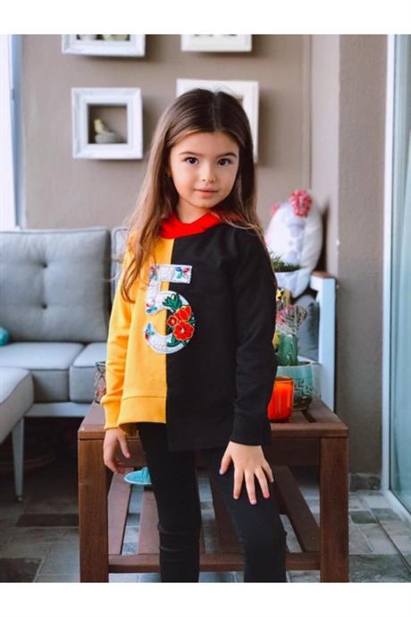 Kız Çocuk Renkli Parçalı Sweatshırt Taytlı Ikili Takım SARI 12 Yaş