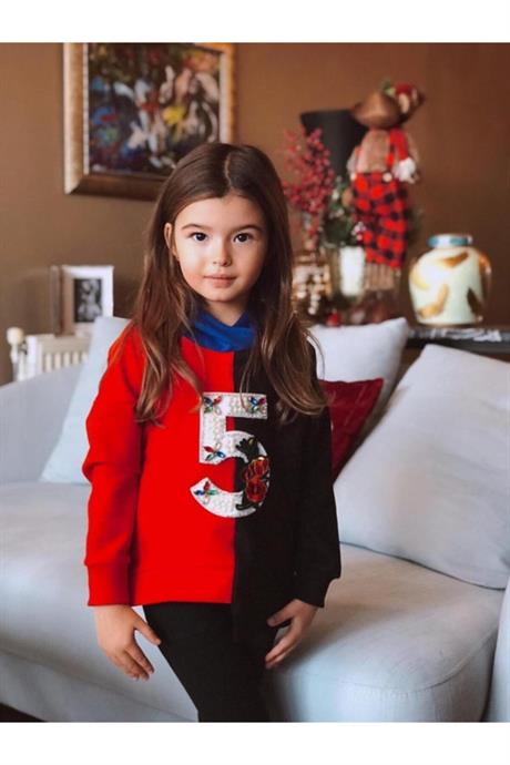 Kız Çocuk Renkli Parçalı Sweatshırt Taytlı Ikili Takım KIRMIZI 6 Yaş