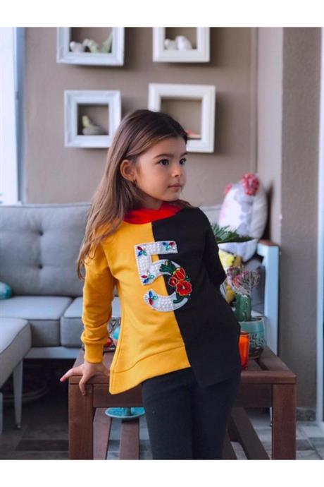 Kız Çocuk Renkli Parçalı Sweatshırt Taytlı Ikili Takım SARI 6 Yaş