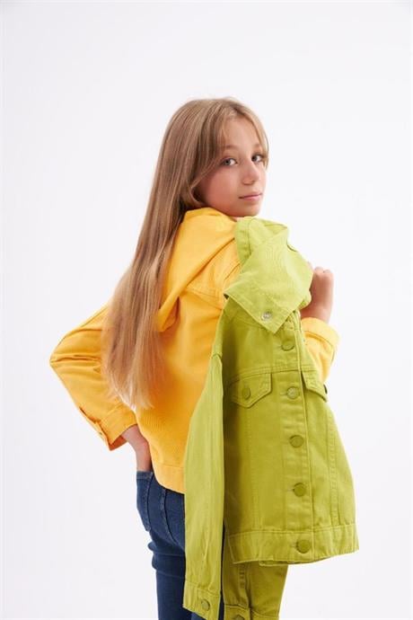 Kız Çocuk Renkli Seyyar Kapüşonlu Mevsimlik Kot Ceket Sarı 10 Yaş