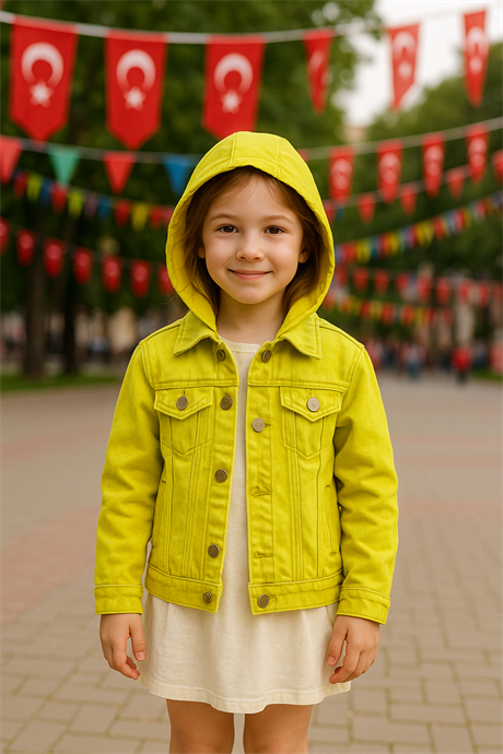 Kız Çocuk Renkli Seyyar Kapüşonlu Mevsimlik Kot Ceket Yeşil 10 Yaş