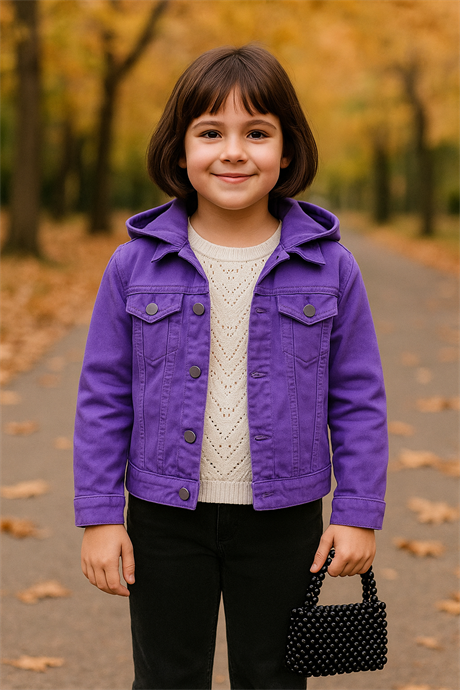 Kız Çocuk Renkli Seyyar Kapüşonlu Mevsimlik Kot Ceket Mor 10 Yaş