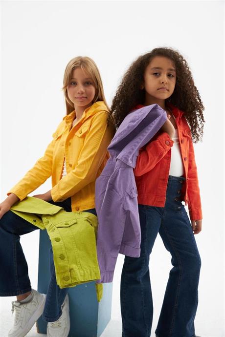 Kız Çocuk Renkli Seyyar Kapüşonlu Mevsimlik Kot Ceket Turuncu 6 Yaş