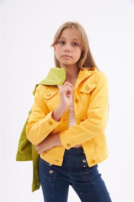 Kız Çocuk Renkli Seyyar Kapüşonlu Mevsimlik Kot Ceket Sarı 10 Yaş