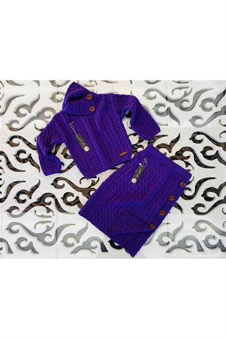 Kız Çocuk Saç Örgülü Mendil Yaka Etekli Takım MOR 12 Yaş