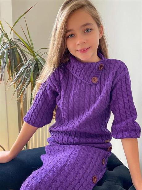 Kız Çocuk Saç Örgülü Mendil Yaka Etekli Takım MOR 8 Yaş
