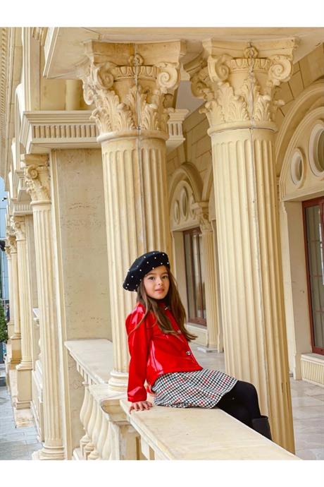 Kız Çocuk Sarı Rugan Ceket Kazayağı Desenli Elbise 2'li Takım KIRMIZI 10 Yaş