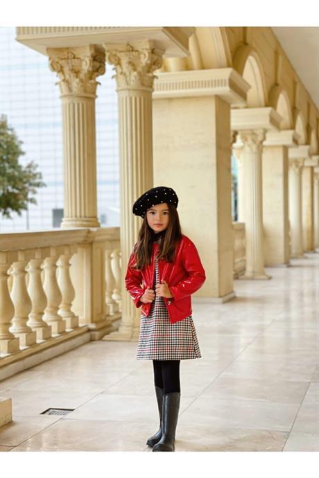 Kız Çocuk Sarı Rugan Ceket Kazayağı Desenli Elbise 2'li Takım KIRMIZI 10 Yaş