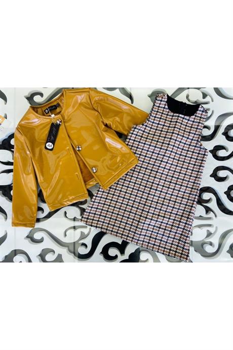 Kız Çocuk Sarı Rugan Ceket Kazayağı Desenli Elbise 2'li Takım SARI 12 Yaş