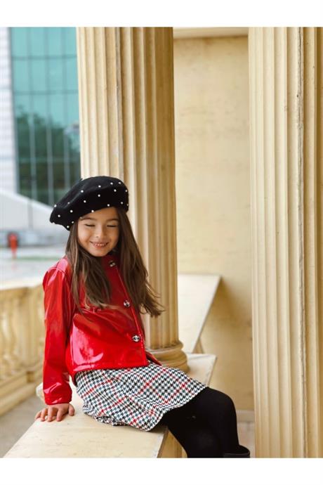 Kız Çocuk Sarı Rugan Ceket Kazayağı Desenli Elbise 2'li Takım KIRMIZI 12 Yaş