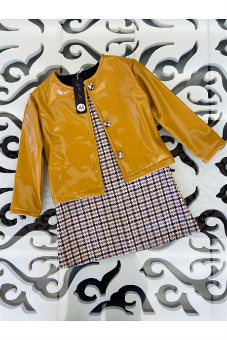 Kız Çocuk Sarı Rugan Ceket Kazayağı Desenli Elbise 2'li Takım SARI 10 Yaş