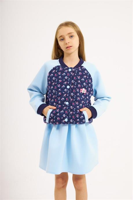 Kız Çocuk Scuba Kumaş Astarlı Kolej Ceket Etek 2'li Takım Mavi 6 Yaş