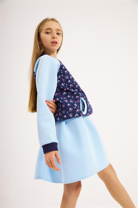 Kız Çocuk Scuba Kumaş Astarlı Kolej Ceket Etek 2'li Takım Mavi 8 Yaş