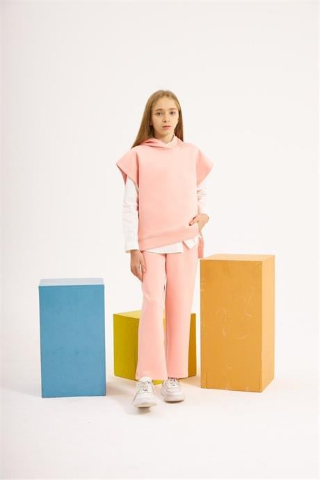 Kız Çocuk Scuba Kumaş Kısa Kollu Sweatshirt Beyaz Gömlek Lastikli Pantolon 3'lü Takım Pembe 8 Yaş