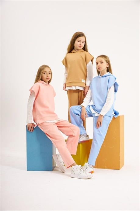 Kız Çocuk Scuba Kumaş Kısa Kollu Sweatshirt Beyaz Gömlek Lastikli Pantolon 3'lü Takım Pembe 12 Yaş