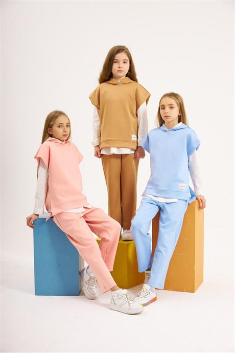 Kız Çocuk Scuba Kumaş Kısa Kollu Sweatshirt Beyaz Gömlek Lastikli Pantolon 3'lü Takım Mavi 10 Yaş