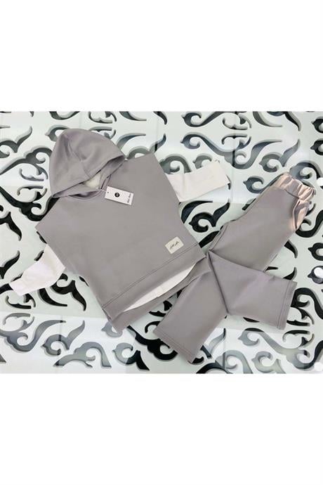 Kız Çocuk Scuba Kumaş Kısa Kollu Sweatshirt Beyaz Gömlek Lastikli Pantolon 3'lü Takım Gri 14 Yaş