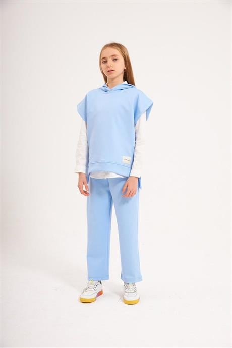 Kız Çocuk Scuba Kumaş Kısa Kollu Sweatshirt Beyaz Gömlek Lastikli Pantolon 3'lü Takım Mavi 12 Yaş