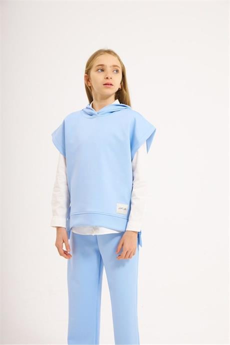 Kız Çocuk Scuba Kumaş Kısa Kollu Sweatshirt Beyaz Gömlek Lastikli Pantolon 3'lü Takım Mavi 14 Yaş