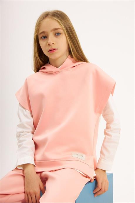 Kız Çocuk Scuba Kumaş Kısa Kollu Sweatshirt Beyaz Gömlek Lastikli Pantolon 3'lü Takım Pembe 10 Yaş