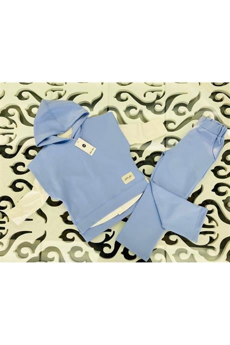 Kız Çocuk Scuba Kumaş Kısa Kollu Sweatshirt Beyaz Gömlek Lastikli Pantolon 3'lü Takım Mavi 6 Yaş