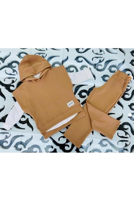 Kız Çocuk Scuba Kumaş Kısa Kollu Sweatshirt Beyaz Gömlek Lastikli Pantolon 3'lü Takım Kahverengi 12 Yaş